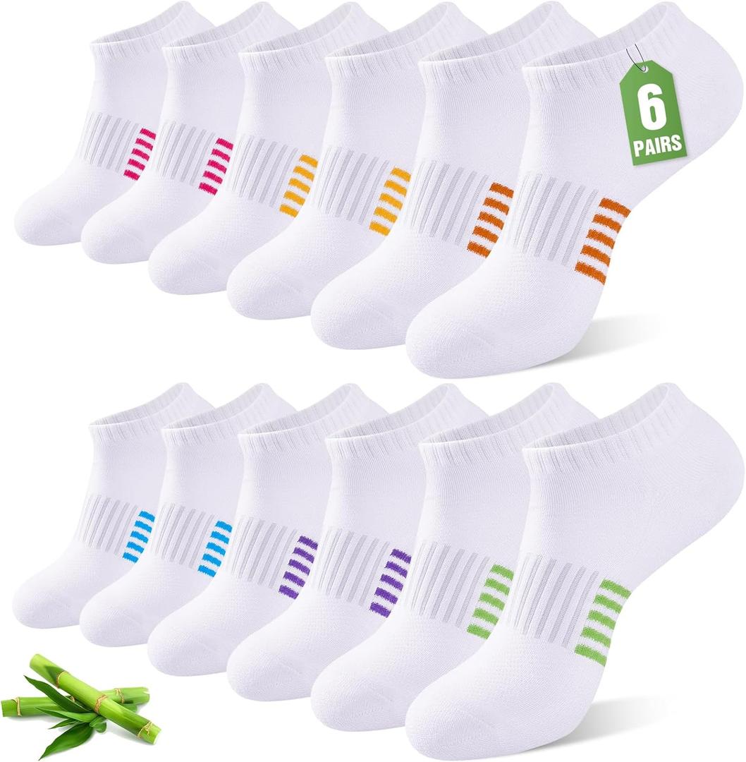 Ankle Socks for Women, 6/ 12 Pairs Bamboo Viscose Breathable Cushioned Moisture Wicking Athletic Running Casual Low Cut Socks, 6 Multicolored White 8-11