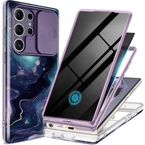 GVIEWIN for Samsung Galaxy S24 Ultra Case, [Slide Camera Cover & Built-in Privacy Screen Protector] [2 Front Frame] Military Grade Shockproof Marble Phone Case for S24 Ultra (Floating Cloud/Purple)