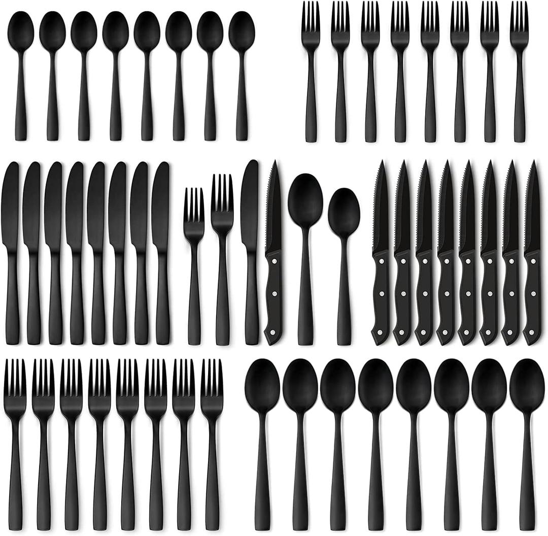 Hiware 48-Piece Matte Black Silverware Set with Steak Knives, Black Flatware Set for 8, Stainless Steel Tableware Cutlery Set, Utensil Sets for Kitchen (48-Piece, Black)