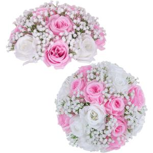 BLOSMON Fake Flowers Ball Centerpieces: 2 Pcs Pink Rose Babys Breath Artificial Flowers Wedding Decoration for Table Silk Kissing Floral Bouquet Arrangements for Home Party DIY Decor (Pink & White)