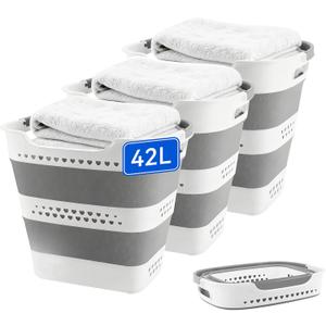3 Pcs 42L Medium Collapsible Plastic Laundry Basket with Handles, Foldable Laundry Basket Hamper, Pop Up Storage Container Organizer for Washing Storage (Gery, 17 Inch * 13 Inch * 15 Inch)