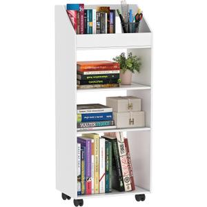 HAYOFAMY 4-Tier Mobile Bookshelf, White Bookcase with Wheels, Rolling File Holder Desk File Book Organizer for Home Office Living Room School