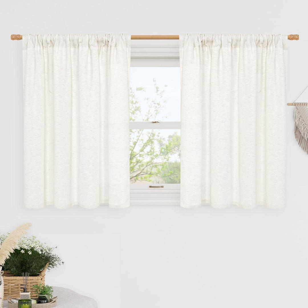 LAMIT Short Linen Curtains 36 Inch Length for Cafe, Ivory Semi Sheer Small Kitchen Window Curtains Over Sink, Light Filtering Rod Pocket Drapes for RV/Half Window, 2 Panels, 42 x 36 Inch