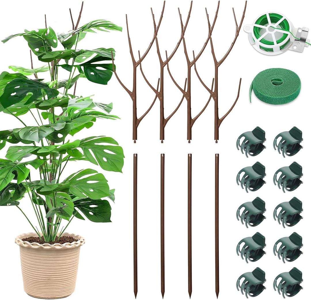4 Pack 27.56" Detachable Twig Plant Support Stakes Set, Blends in to Plant, Branch Plant Sticks with Orchid Clips Twist Plant Ties, Twig Trellis for Indoor Outdoor Plants Potted Plants Flower (27.56" - 4 Pack, Brown)
