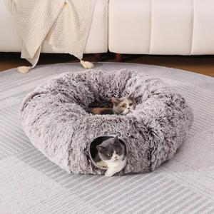 Plush Cat Tunnel Bed for Indoor Cats with Soft Cushion, Multi-Shape Play Cave with Hanging Balls, Large and Foldable Cat Donut Tunnel for Small and Large Pets (Brown)
