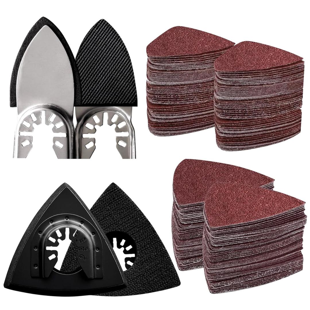 104Pcs Oscillating Tool Detail Sanding Pads Kit 2Pcs Triangle Sanding Pads and 2Pcs Finger Sanding Pad 100Pcs Multitool Sandpaper Grit Fit for Finishing Wood Sanding Plaster