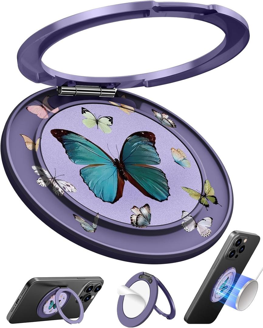 Toycamp Phone Grip Ring Holder Stand - Stick Thin Magnetic Metal Phone Accessories Grip with 360 Rotation Adjustable Aesthetic Design for Women Girls Cute for iPhone Ring Holder Grip, Butterflies