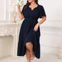 Womens Plus Size Wedding Guest Dresses Summer V Neck Short Sleeve Belted Ruffle Hem A-Line Flowy Midi Dress (Blue, XXXL)