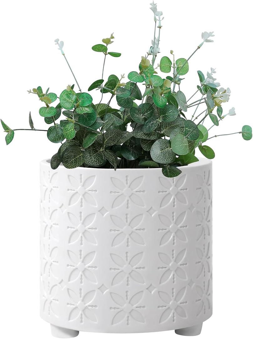 8 Inch Planter, Plant Pots with Drainage Hole, Modern Cylinder Flowerpot - Indoor & Outdoor Plants for Home & Office,White