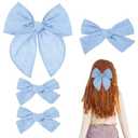 4 Pcs Blue Hair Bow, Cotton Linen Hair Bows, Girls Bows for Hair, Toddler Hair Accessories, Alligator Clips Knot Hair Bows for Girls, Light Blue Bow, 3 Styles & 3 Sizes
