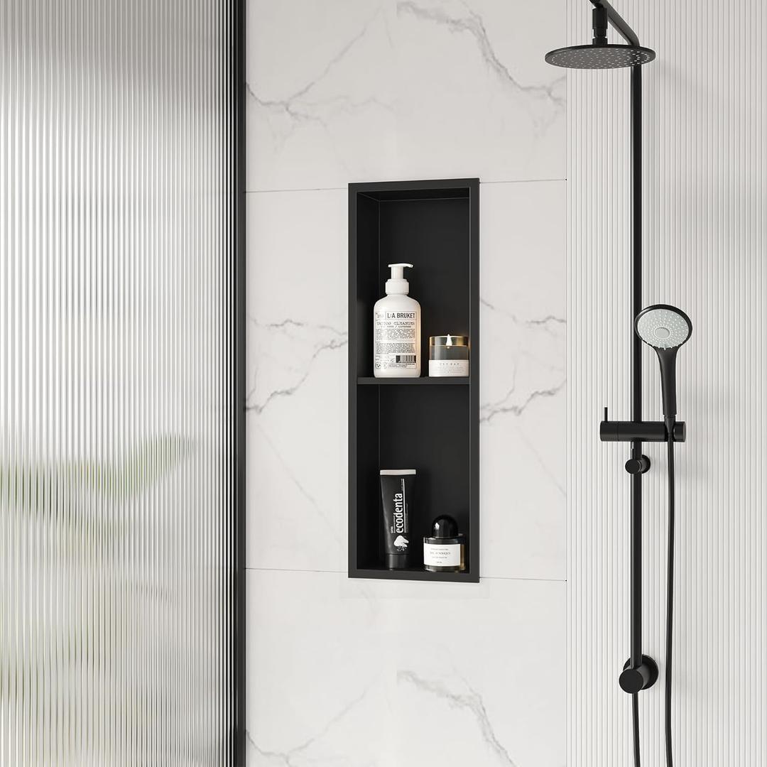 Stainless Steel Shower Niche 24" X 8", No-Tile Needed Wall Niche Double Shelves, Recessed Shower Storage, Matte Black