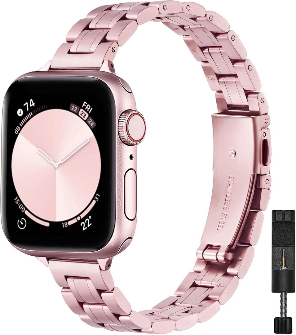 STIROLL Thin Replacement Band Compatible for Apple Watch 38mm 40mm 41mm 42mm(Series 11 10), Stainless Steel Metal Wristband Women Men for iWatch Ultra SE Series 9 8 7 6 5 4 3 2 1, Rose Pink (No Case)