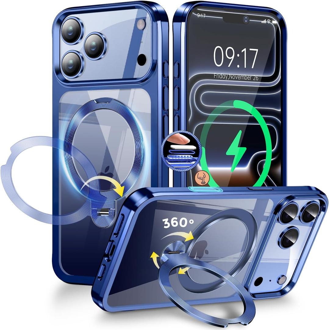 [CD Metal Ring & Invisible 360 Spin Stand] Magnetic Case for iPhone 17 Pro 6.3" [Electroplated Shockproof Bumper ][Compatible with Mag Safe]Cover with Stand for Women Men Slim Clear - Blue Titanium