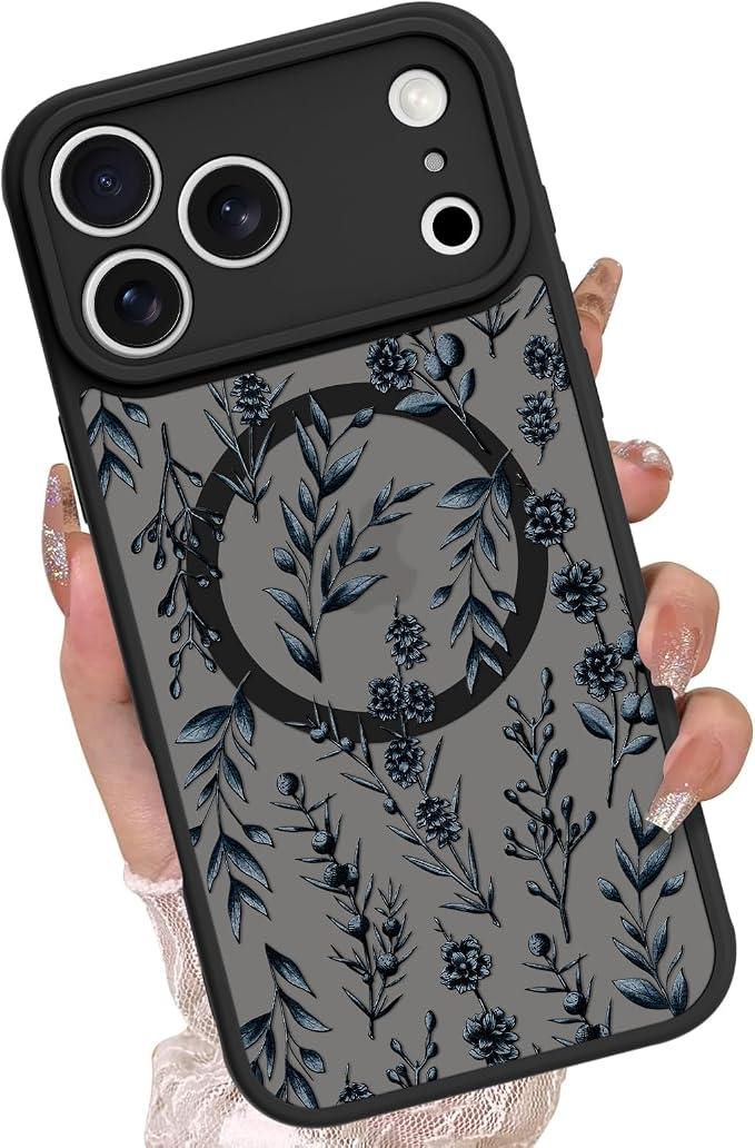 OOK Compatible with iPhone 17 Pro Case Cute Flower Floral Fruit Leaves Design for Girls Women Compatible with Magsafe Soft TPU Camera Lens Protective Phone Magnetic iPhone 17 Pro 6.3 Inch Black