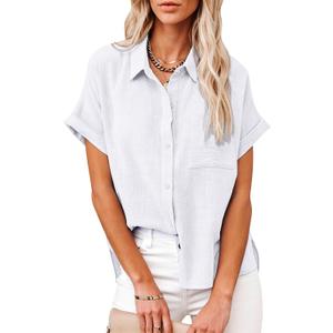 Womens Casual Cotton Linen Button Down Short Sleeve Shirts Solid Summer Beach Blouses Tops with Pocket (White, M)