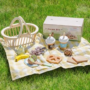 ROBOTIME Wooden Play Food Sets for Kids Kitchen, 14 PCS Toy Food Pretend Play Picnic Basket with Fruits, Desserts, Drinks & Utensils, Play Kitchen Food for Indoor & Outdoor Camping Fun, Ages 3+