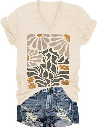 Vintage Boho Tops for Women V-Neck Flowers Shirt Spring Graphic Tees Floral Print Summer Casual Short Sleeve Tshirt Top, XL
