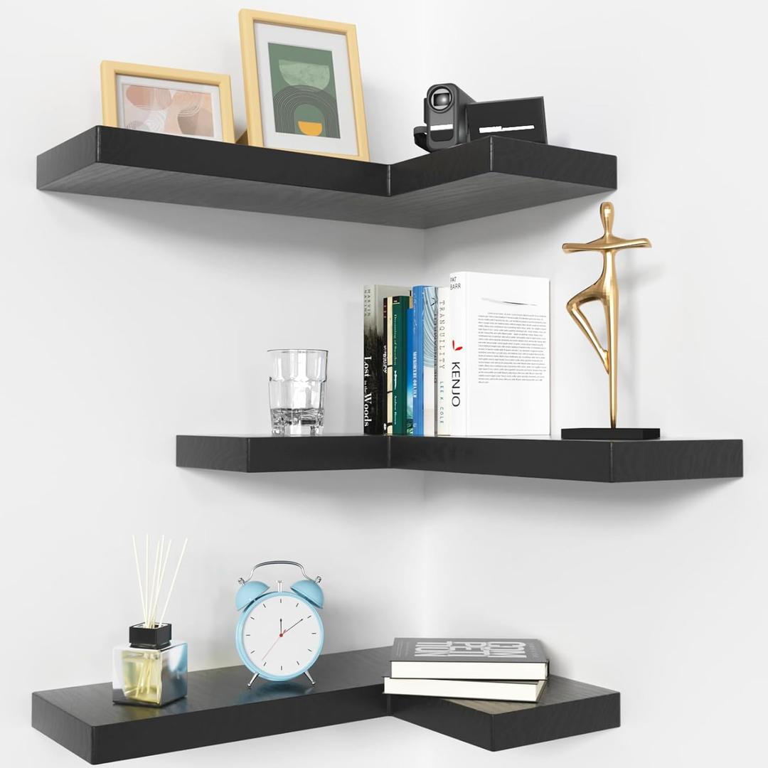 NATURE'S SOURCE Corner Floating Shelves with Invisible Brackets, Corner Shelves Wall Mounted Set of 3, Bedroom Bathroom Kitchen Living Room Office- Gothic Style, 16.6" x 6" (Black)