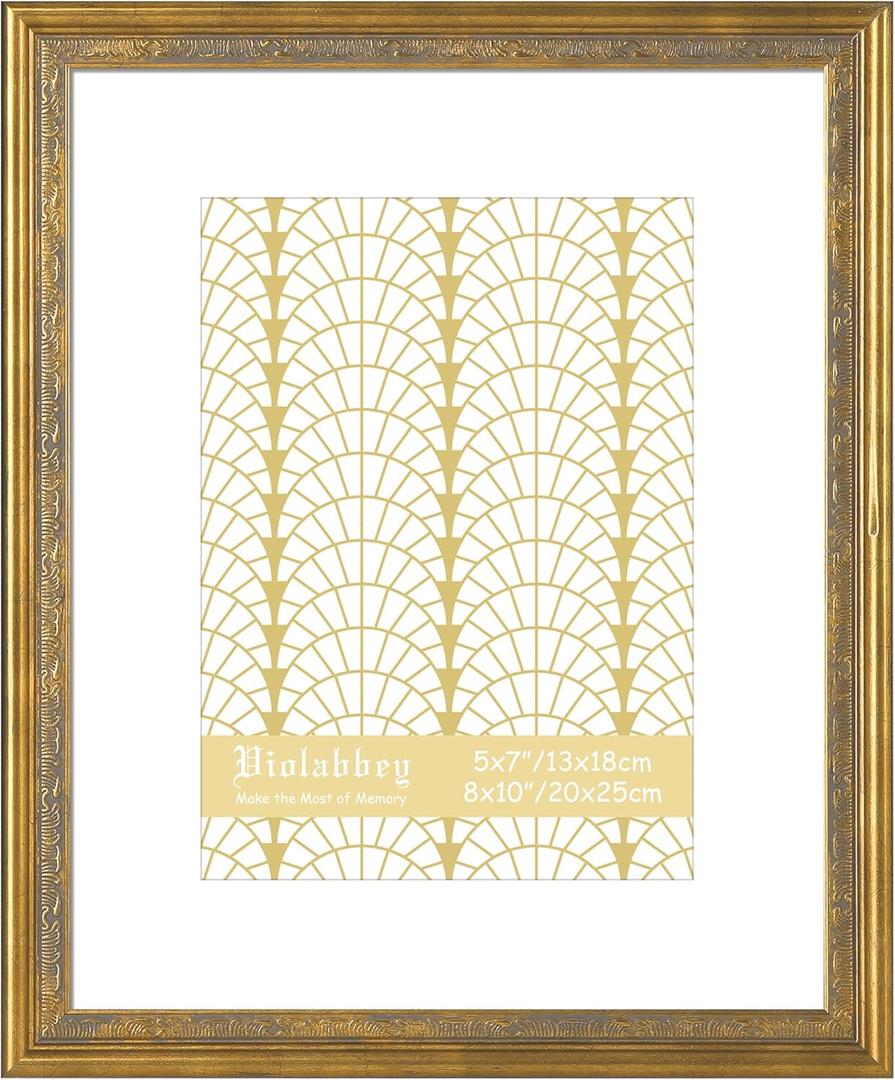 VIOLABBEY 8x10 Matte Gold Picture Frame, Display 5x7 Photo with Mat or 8x10 without Mat, Ornate Vintage 8 x 10 Matte Gold Frame for Wall Decor or Tabletop Display