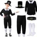Patelai 5 Pcs Thanksgiving Day Pilgrim Boy Costume Shirt Trousers Cap Socks Belt Children Colonial Pilgrim Outfit Cosplay(Child's Large)