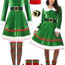 SOMSOC 5 Pack Women Christmas Elf Costume Set Velvet Dress Belt Striped Over Knee High Socks Elf Hat Shoes for Cosplay
, S