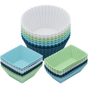 24Pack Silicone Muffin Cups, Reusable Cupcake Liners Molds for Baking, 3 Shapes Lunch Box Bento Dividers-Round, Square, and Rectangular (Neutral Colors, Large Size)