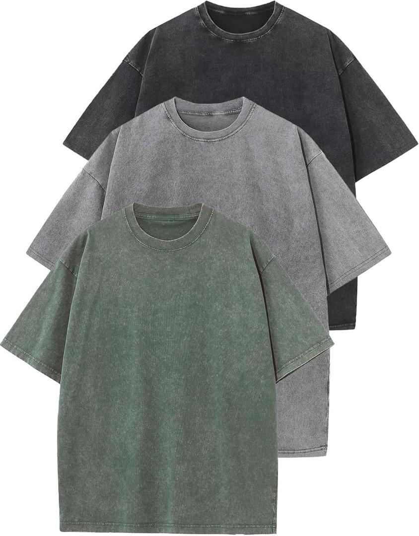 Flygo 3 Pack Men Oversized T Shirts Acid Washed Unisex Tee Loose Fit Short Sleeve Casual Streetwear Baggy Basic Tops(Black+Grey+ArmyGreen 3XL)