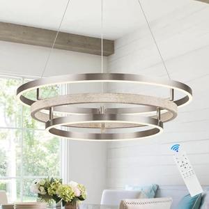 3 Ring LED Chandelier Nickel Round Chandelier Light Fixture Dimmable Foyer Chandeliers Light Weathered Wood Circular Chandeliers for Dining Room Entry Bedroom Office Living Room