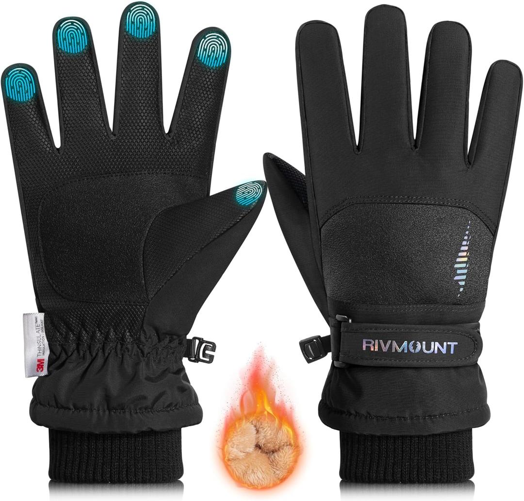 rivmount Kids 3M Winter Ski Snowboarding Snow Gloves Warm Thermal Waterproof Windproof Touchscreen for Boys Girls in Cold Weather (S(4-6 years), 824-Black&Black)