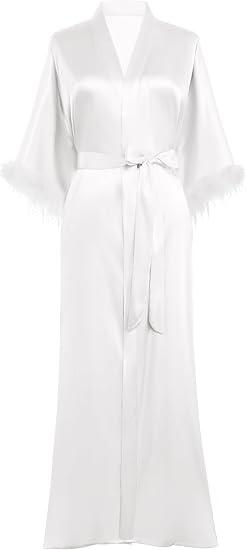PRODESIGN Satin Kimono Robe Long Silky Bathrobe with Ostrich Feather Trim Sleepwear Wedding Bridesmaid Dressing Gown (One Size, White)