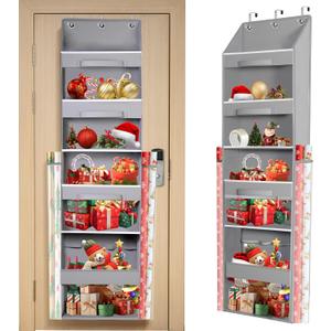 Wrapping Paper Organizer Storage - Over Door Gift Organizer with 3 Removable Drawers & 2 Side Pockets, Christmas Wrap Storage with Multiple PVC Clear Pockets for Rolls, Ribbons, Ornament, Bows