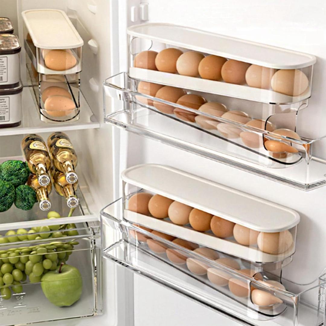 WACOI Auto Rolling Fridge Egg Organizer, Space Saving Eggs Dispenser for Refrigerator Storager, Home Egg Holder, 1 pack (Transparent)