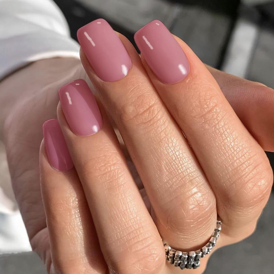 Rose Pink Nails Press ons, Press on Nails Medium Square Glue on Nails Medium Length, Short Acrylic Nails Glue on Medium Coffin Fake False Nails for Women, Thick Solid Color Gel Nails 24Pcs