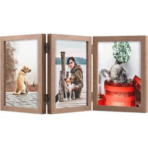 TOFOREVO 4x6 3 Picture Frame Triple Wooden Three Hinged Photo Frame Definition Glass Stand Vertically on Desktop or Tabletop