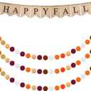 Tatuo Happy Fall Burlap Banner with 3 Pieces Fall Pom Pom Garland Wool Felt Ball Garland Thanksgiving Decoration for Harvest Time Autumn Theme Party Thanksgiving Supplies (Classic Style)
