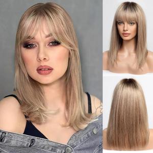 BLONDE UNICORN Ash Brown 16 Inch Bob Wig with Bangs 100% Human Hair,Shoulder Length Wigs for White Women Daily Use 180 Density