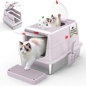 Stainless Steel Cat Litter Box with Lid, 180 Flip Top Kitty Litterbox, XL High Sided Enclosure Litter Pan for Big Cats, Front & Top Entry, Anti-Leakage, Odor-Free, Easy Clean, Includes Scoop Mat (purple)