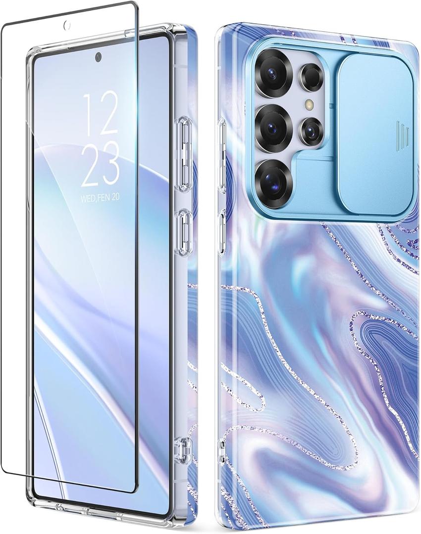 GVIEWIN for Samsung Galaxy S25 Ultra Case with Slide Camera Cover, [Screen Protector] [Shockproof Military Grade Drop Protection] Marble Slim Fit Hard PC Phone Cover S25 Ultra 6.9" 2025 (Aurora) (Aurora/Azure Blue)