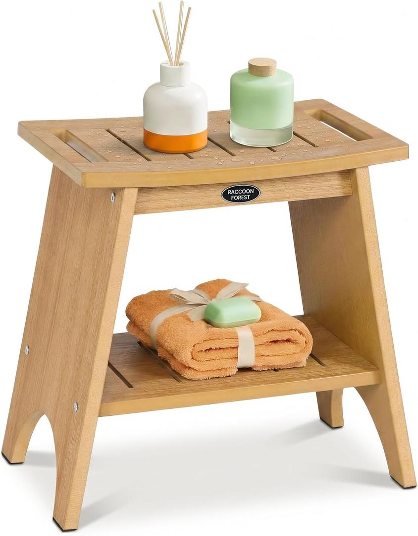 HDPS Shower Benches for Inside Shower, 17" Height Waterproof Bath Stool with 2-Tier Storage Shelf, Heavy Duty Spa Seat for Shaving Legs, Seniors & Adults, Wood-Like Texture (Teak Style) (16.5")