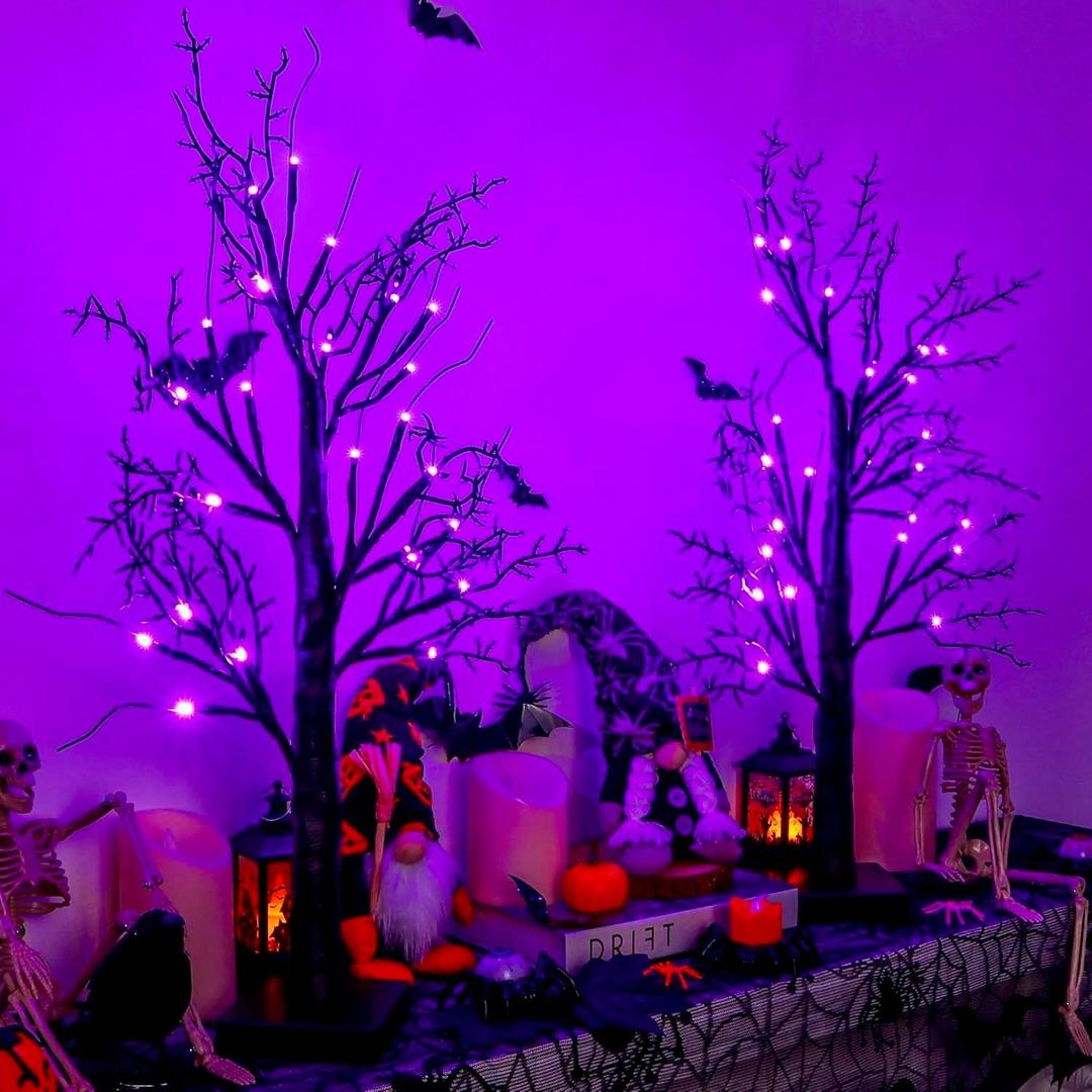 Halloween Decorations Indoor 2 Pack 24 Inch Halloween Black Tree with 24 Purple Lights, Timer/USB/Battery Operated Tabletop Lighted Halloween Spooky Tree for Halloween Table Decor Home Indoor Party