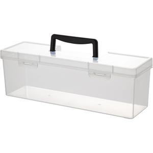 Plastic Portable Container with Handle, Art Craft Sewing Storage Box with Latching Lid for Paint Brush, Tools, Crayon, Washi Tape, Ruler, Ornaments, Ribbons (Black 14.1 x 4.3 x 4.7 in)