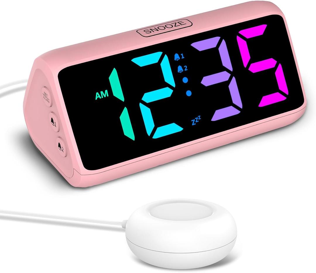 Netzu Loud Alarm Clock for Heavy Sleepers, Plug-in RGB Vibrating Alarm Clocks with Bed Shaker, 5 Dimmers, 2 Alarms and Snooze for Bedrooms Hearing Impaired Deaf Adults Pink