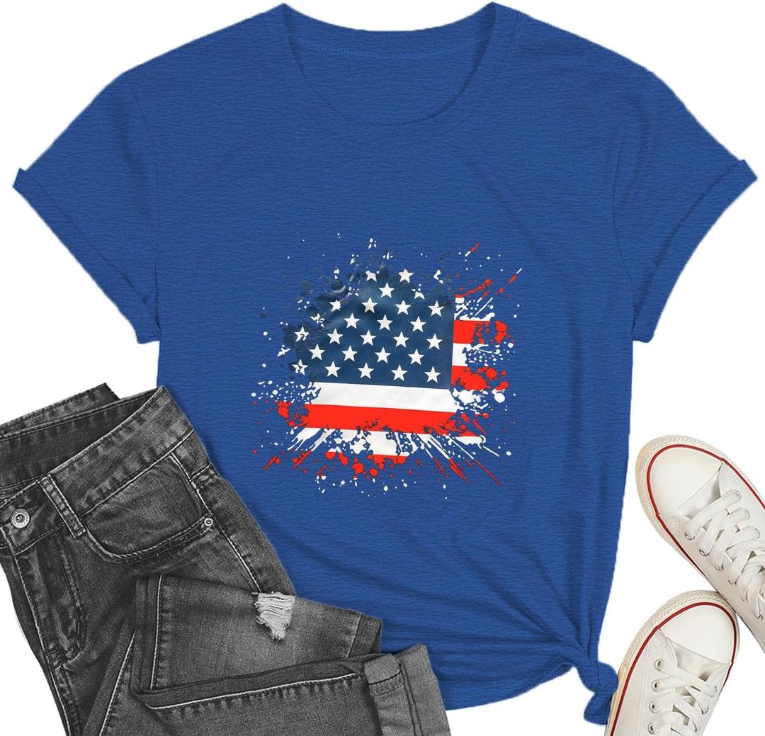 Patriotic Shirt for Women 4th of July Tshirt Red White and Blue Tee Heart Flag Tops (Blue, M)