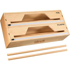 Wesiti 18 Inch Large Plastic Wrap Organizer & Dispenser with Cutter 2 in 1 Aluminum Foil Saran Wrap Butcher Parchment Paper Dispenser Bamboo Wall Mount Tin Wax Cling Organizer for Kitchen Countertop