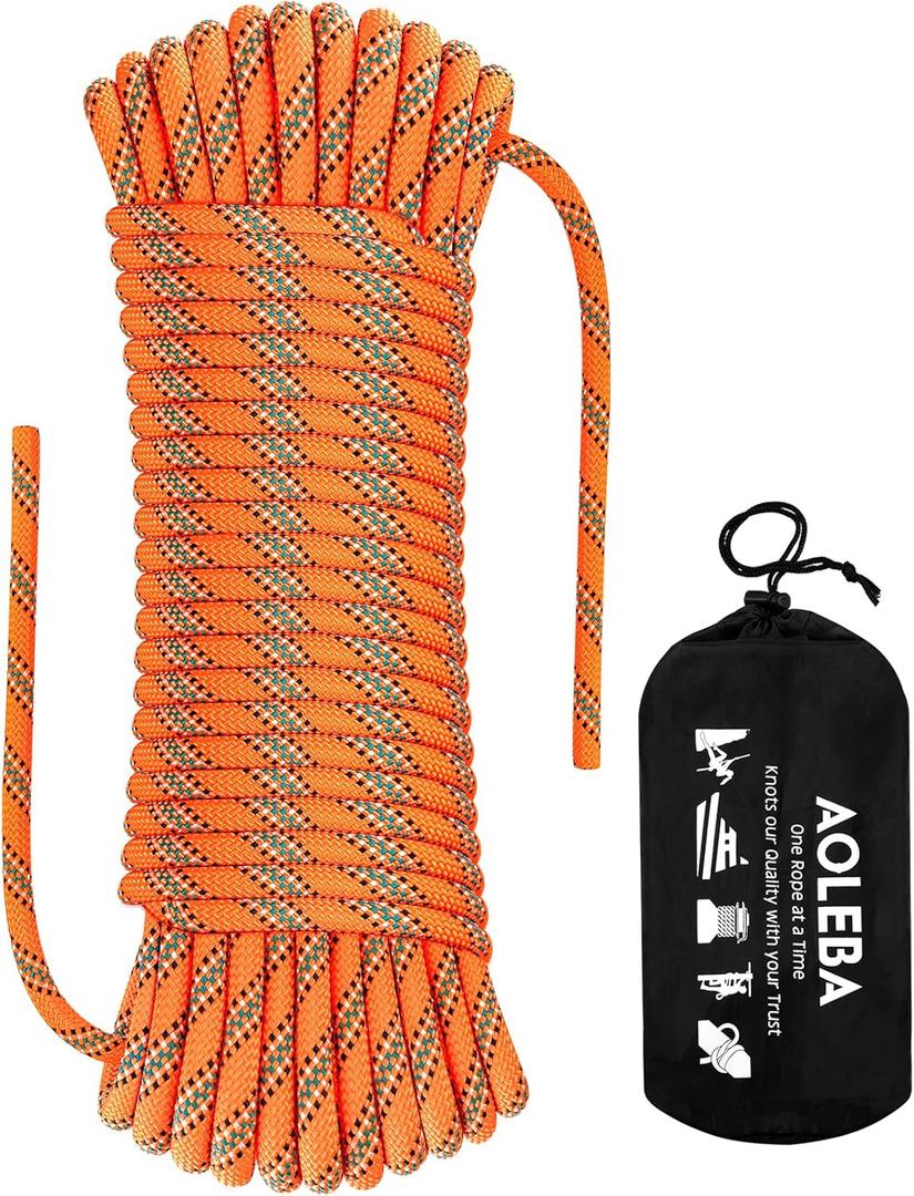 AOLEBA 8.5mm Static Climbing Rope, Outdoor Rock Climbing Ropes, Heavy Duty Rappelling Rope for Fire Rescue, Escape, 10M(32Ft) 20M(64Ft) 30M(96Ft) Ice Climbing Equipment & Parachute Accessories (Orange)