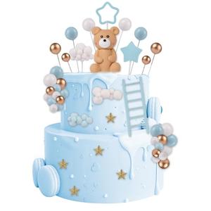 46 PCS 3D Bear Balls Cake Toppers Brown Teddy Bear for Birthday Party Wedding Baby Shower Supplies(Blue)