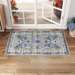 Dripex Vintage Washable Area Rug - 2x4 Indoor Door Mat Oriental Medallion Accent Throw Rug Distressed Foldable Non-Slip Low-Pile Bathroom Kitchen Rug for Entryway Laundry Room Living Room Bedroom (Blue/Gold)