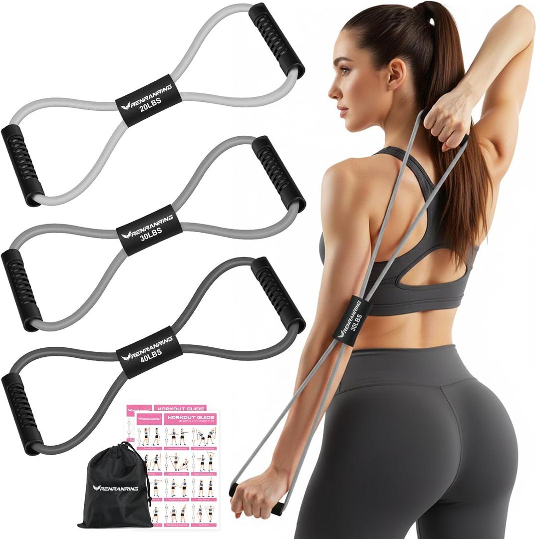 Resistance Bands, Figure 8 Fitness Exercise Bands with Handles - 8 Shaped Resistance Bands of 3 for Arm and Shoulder Stretch, Rope 8 Word Elastic for Women and Men (Light Gray, Dark Gray, Black)