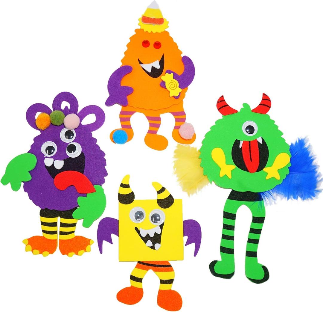 4E's Novelty Halloween Crafts for Kids (24 Pack) Bulk Silly Monster Crafts with Magnetic Foam Stickers, Make Your Own Monster Kit for Fall Halloween Classroom Party Activities