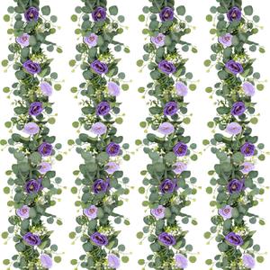TOCHGREEN 4 Pack Artificial Eucalyptus Flower Garland with Purple Roses, Fake Rose Flower Greenery Garland Floral Vines for Wedding Home Party Table Runner Decor (Purple, 4PCS)